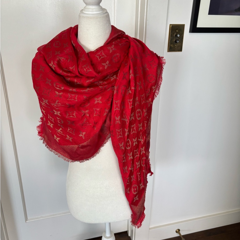 Louis Vuitton Red & Gold Monogram Wool & Silk Shawl - Picture 3 of 5